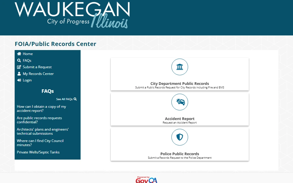 A screenshot of the FOIA or Public Records Center of Waukegan, Illinois, showing the three public records search tools available: City Department Public Records, Accident Report, and the Police Public Records.