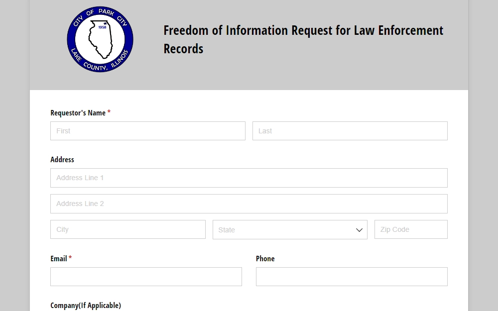 A screenshot of the online Freedom of Information Request form made available by the City of Park City that must be completed by individuals who want to get any records that their law enforcement can provide.