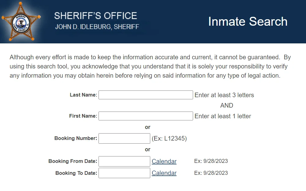 A screenshot of the Inmate Search tool provided by the Sheriff's Office of Lake County that can be browsed either by entering the last name and first name, booking number, or the booking date range.