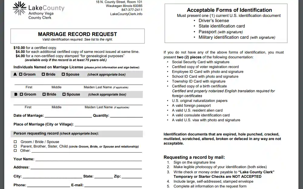 A screenshot of the Marriage Record Request form that is fillable online, which must be completed following the instructions provided and mailed to the address indicated in the form and other requirements.