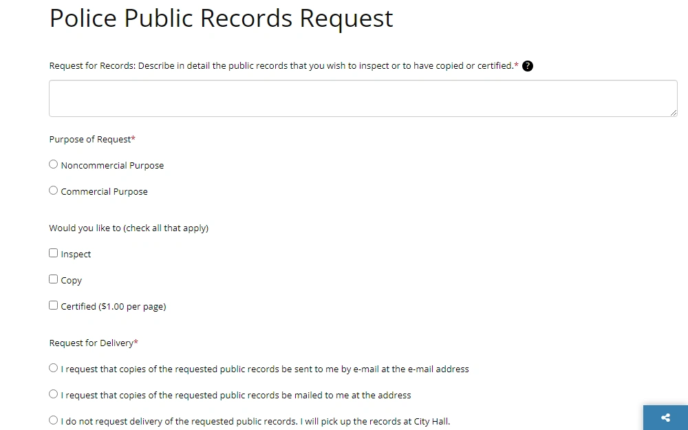 A screenshot showing the Online Police Public Records Request on the website of the Lake Forest City that must be completed and then submitted when requesting any records.