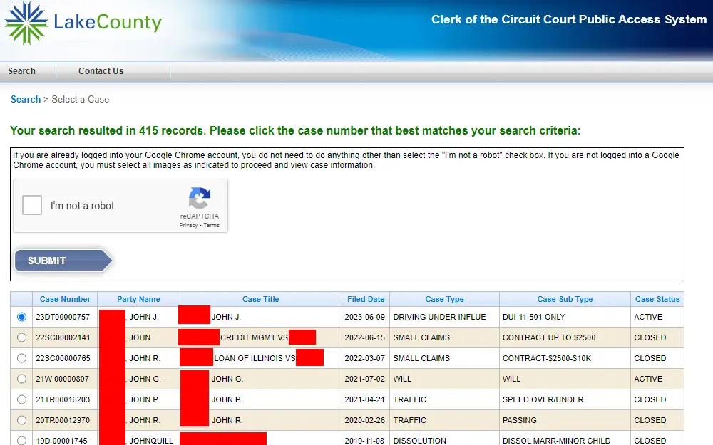 A screenshot of the Lake County Clerk of the Circuit Court's Public Access System showing sample search results listing the summary information of cases such as the case number, party name, case title, filed date, case type, case subtype, and case status.