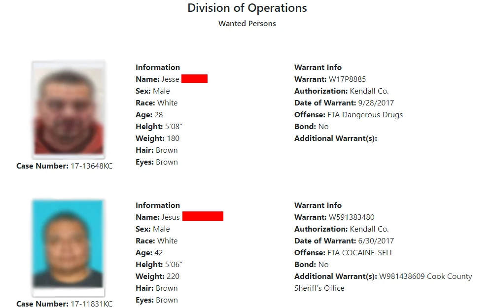 A screenshot of the list of most wanted persons displayed by the Illinois State Police showing these people's mugshots, case numbers, names, other physical characteristics, and their warrant info.