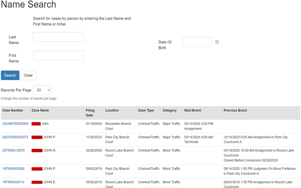 A screenshot of a search tool for court case records, where users can input a person's first and last name to retrieve case information, including case numbers, names, filing dates, locations, case types, categories, and scheduling details for future and past court events.