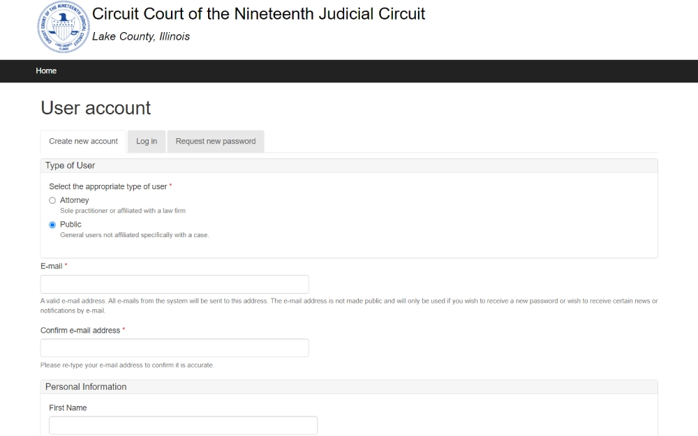 A screenshot for creating a user account on the official website of the Nineteenth Judicial Circuit Court, highlighting options for different user types, including attorneys and the general public, along with fields for email verification and personal information.