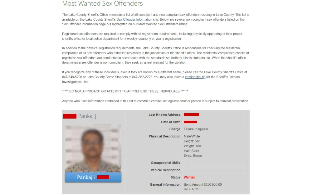 A screenshot of a notice from a local sheriff's office detailing a most wanted list, with a specific emphasis on individuals who have failed to comply with legal stipulations, providing details like last known addresses, physical descriptions, and other relevant personal information, urging the public to contact law enforcement with any pertinent information and cautioning against direct engagement.