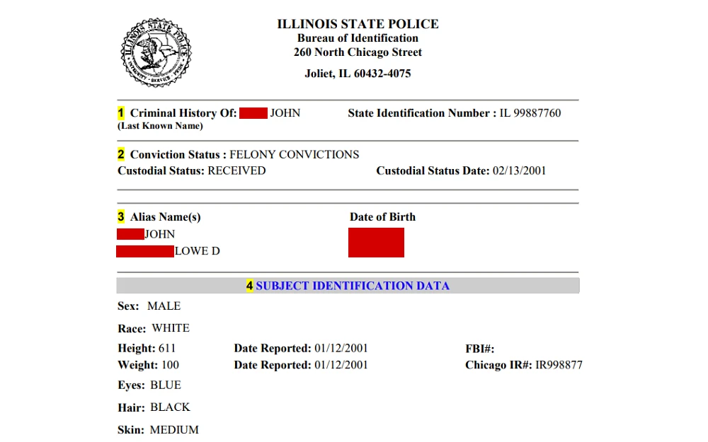 A screenshot displaying a criminal history record showing information such as alias name, sex, race, height, weight, eyes, hair, skin, date reported, FBI and Chicago IR number, date of birth and aliases, status identification number, custodial status date and others.