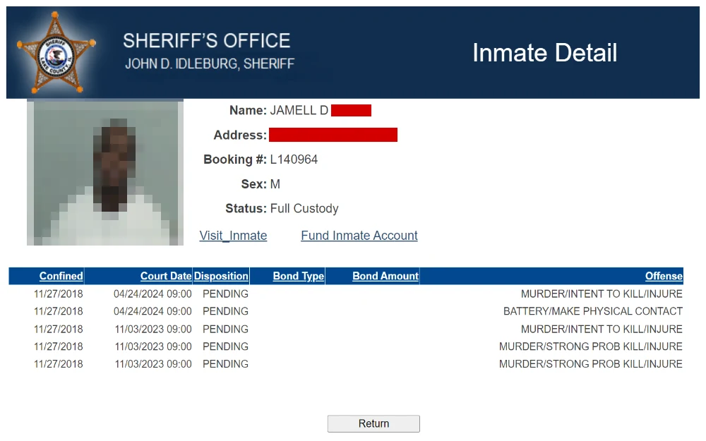 A screenshot displaying an inmate's details showing information such as name, address, booking number, sex, status, date confined, court date, bond type and the amount and offense details from the Lake County Sheriff’s Office.