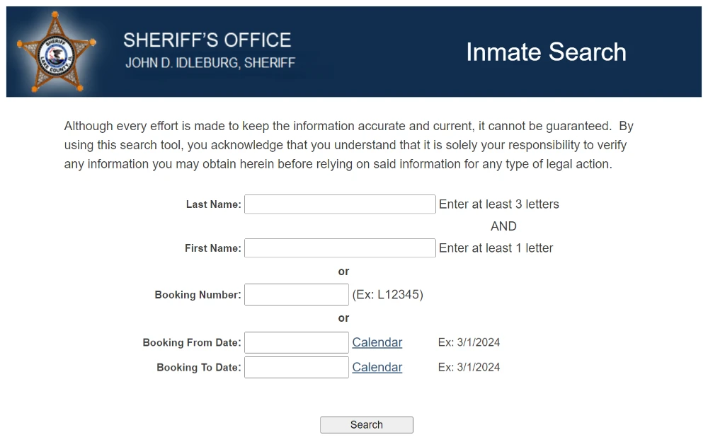 A screenshot showing an inmate search displaying criteria such as first and last name, booking number or date from the Lake County Sheriff’s Office website.