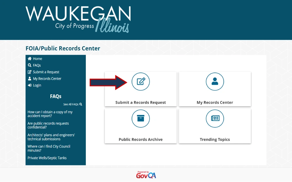 A screenshot showing a FOIA or Public Records Center with different options to select, such as submit a records request, my records center and public records archive and trending topics from the Waukegan City, Illinois website.