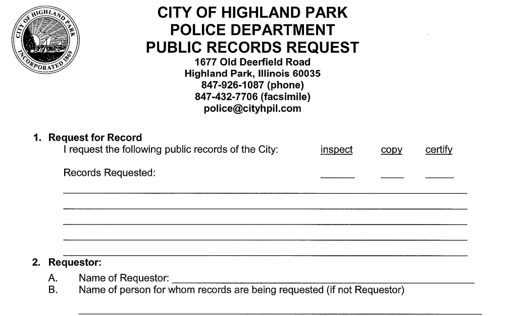 A screenshot of the City of Highland Park Police Department's public records request form, which must be completed and then submitted to obtain a report.