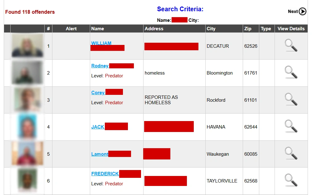 A screenshot of the Lake County Sheriff's Office Sex Offender Registry's sample results showing their mugshots, full name, address, city, zip code, type, and a search icon leading to more details of the individual.