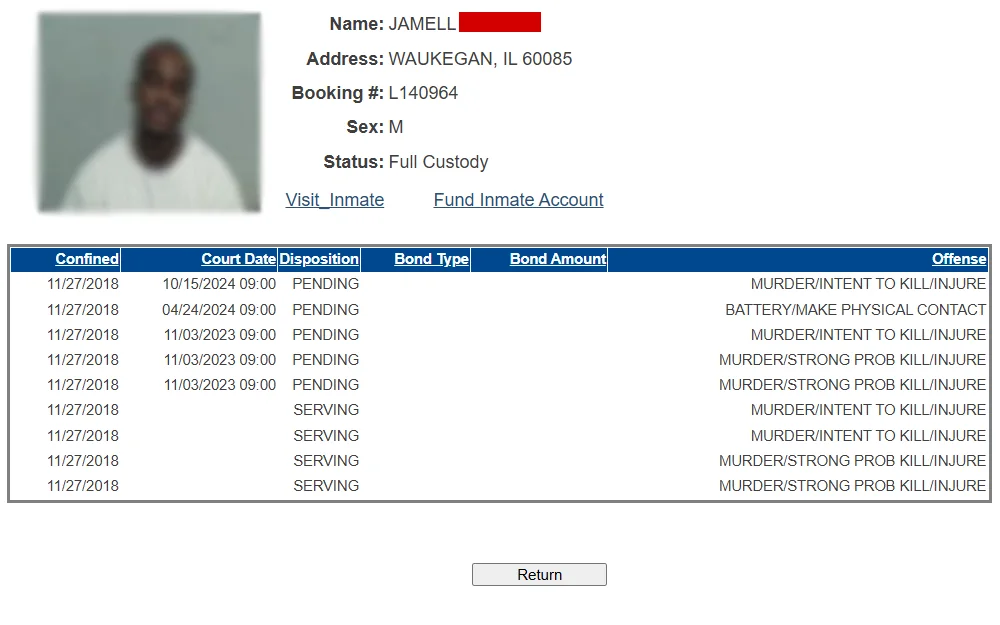 A screenshot of a sample inmate detail retrieved from an inmate search provided by the Lake County Sheriff's Office showing the detainee's mugshot, name, address, booking #, sex, status, and charges information.